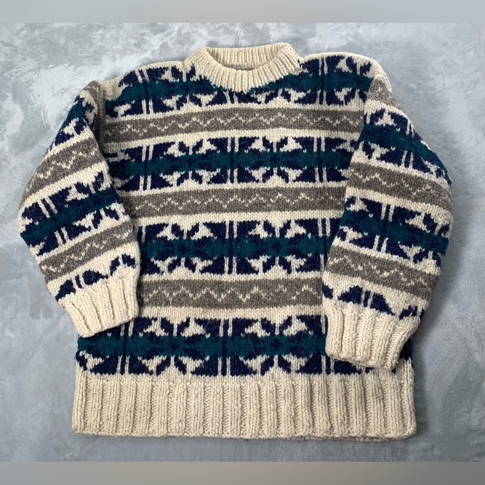 Men's Cream and Navy Patterned Crewneck Sweater - Picture 7 of 11